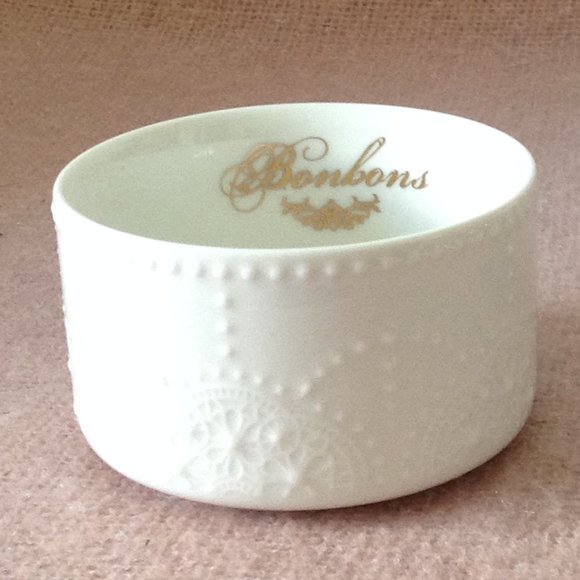 Bonbon/Trinket Dish, White with Gold Script - Picture 1 of 8